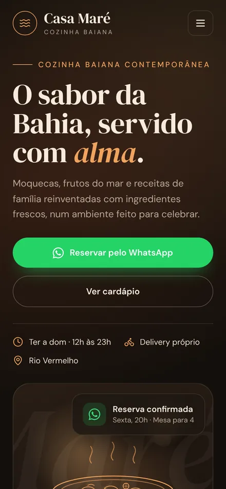 Versão para celular do site conceito do restaurante Casa Maré